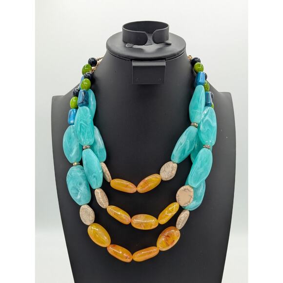 Large Chunky Spring Colors Lucite Three Strand Statement Necklace - Picture 5 of 5